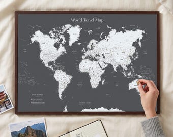Gray Push Pin World Map – Personalized Countries Visited Travel Tracker