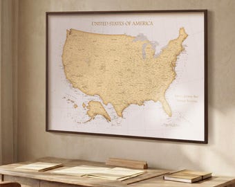 Beige Push Pin USA Map – Framed United States Travel Map Wall Art