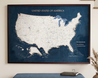 Push Pin Map of the USA in Navy Blue – Travel Wall Decor with Pins