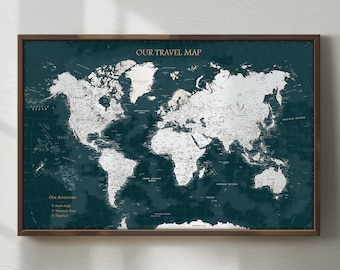 Green Push Pin World Map – Personalized Travel Map Wall Art