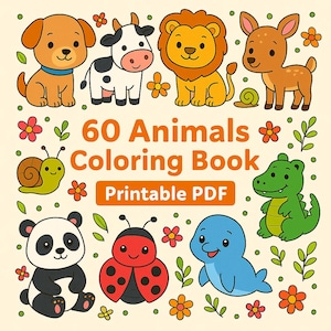 60 Cute Animals Coloring Book for Kids | Cute Printable Coloring Pages PDF | Digital Download Activity Book