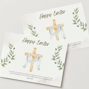 Tarjeta de Pascua en acuarela beige con cruz y versículo bíblico – Descarga digital cristiana