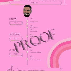 Può includere: Un itinerario di eventi rosa con il testo "EM'S WORST BEHAVIOR" e un'illustrazione di Drake. Il programma include orari e attività per venerdì, sabato e domenica, con temi elencati in basso.