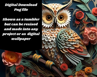 Puede incluir: Una descarga digital de un búho 3D con detalles de papel recortado de colores. El búho está posado en una rama con flores y hojas. El texto "3D Owl" y "Digital Download Png file" se muestra en un cuadro negro.