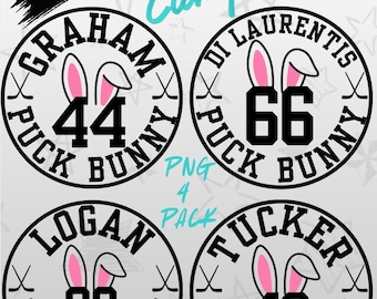 May include: A digital download set of four circular graphic designs featuring the text Off Campus and PNG 4 Pack. Each circle contains the text PUCK BUNNY, a pair of pink and white rabbit ears, and a unique name and number: Graham 44, Di Laurentis 66, Logan 22, and Tucker 46.