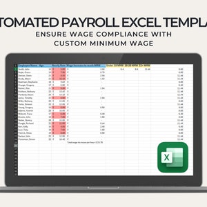 Può includere: Uno schermo di laptop che mostra un foglio di calcolo Excel con il titolo "Modello di libro paga automatizzato Excel" e il sottotitolo "Garantire la conformità salariale con un salario minimo personalizzato". Il foglio di calcolo mostra un elenco di dipendenti, le loro età, le loro tariffe orarie e gli aumenti salariali necessari per raggiungere il salario minimo. Il foglio di calcolo include anche colonne per diversi tassi di salario minimo in base all'età. Il foglio di calcolo è evidenziato con colori rosso e blu. Il logo di Excel è visibile nell'angolo inferiore destro dello schermo.