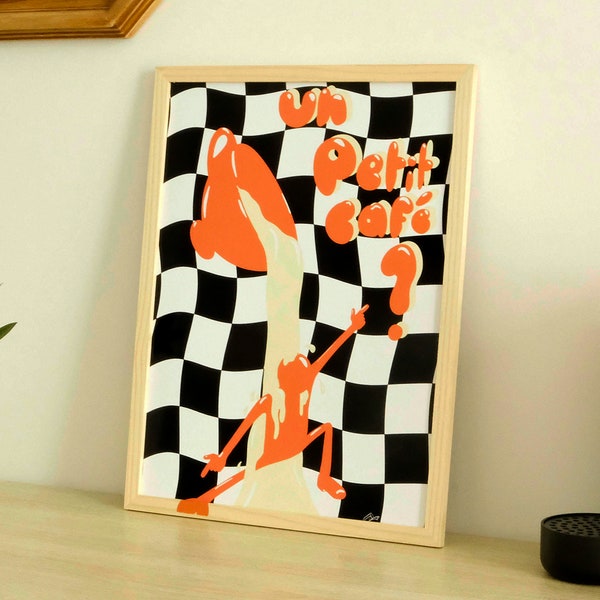 Impression en cadre dessin personnage café orange (damier noir) cadre en bois brut peint Art Print Home déco Poster décoration 70