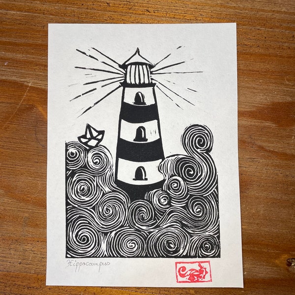 Impression Linogravure - "Vague à l'âme" - Linocut - Phare Bateau Origami Vague