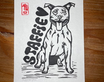 Impresión linograbada - "Staffie" - Linograbado - Staffordshire Bull Terrier