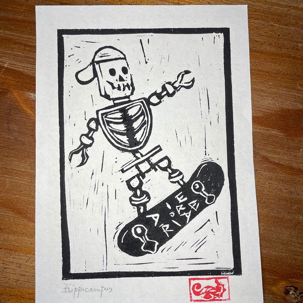 Impression Linogravure - "Die or Ride" - Linocut - Squelette Lego Skateboard