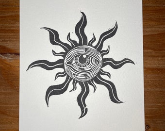 Impresión linograbada - "El sol que soñó" - Linograbado - Sol ojo místico