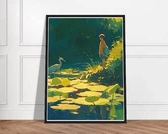 Framed Ghibli Style Art Print – Boy and Heron Japanese Artwork