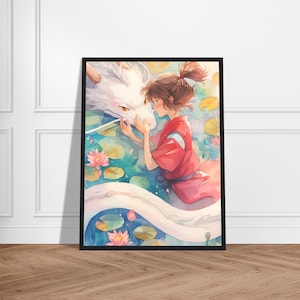 Haku & Chihiro - Gerahmtes Japanisches Kunstwerk - Verschiedene Größen - Anime inspiriert, Ghibli Style Wandkunst, Chihiro, Geschenk