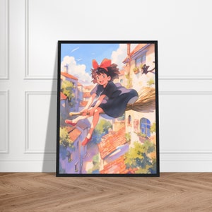Kiki & Jiji op de bezem - ingelijst Japans kunstwerk - verschillende maten - anime geïnspireerd, Ghibli stijl kunst aan de muur, Kiki&#39;s bezorgservice, cadeau