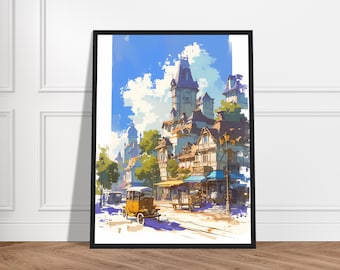 Isekai Town  - Framed Japanese Artwork - Various Sizes - Anime Inspired, Ghibli Style Wall Art, Gift
