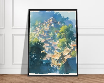 Framed Japanese Hillside Village Art Print – Ghibli Style Anime Wall Decor
