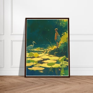 May include: A framed art print depicting a serene waterscape. A person stands on the edge of a pond, observing a heron and lily pads. The artwork features a palette of greens, yellows, and blues, creating a tranquil and natural scene.