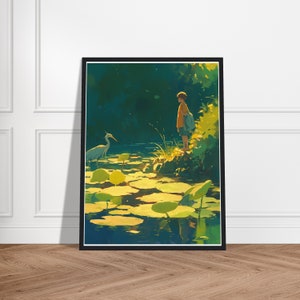 May include: A framed art print depicts a serene waterscape with a person standing near a pond. The artwork features a heron, lily pads, and a person wearing an orange shirt and blue shorts. The color palette includes greens, yellows, and blues.