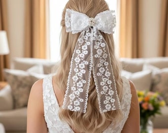 White Lace Hair Bow with Tails | Bridal Hair Bow Barrette | Pearl Rhinestone Lace Bow | Wedding Hair Accessory | Flower Girl Hair Bow