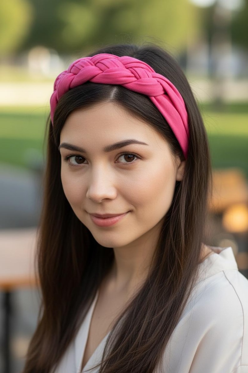 May include: A bright pink fabric headband featuring a thick, braided design. The headband is constructed from a smooth, solid-colored material that sits across the top of the head, showcasing a woven, multi-strand plait pattern throughout.