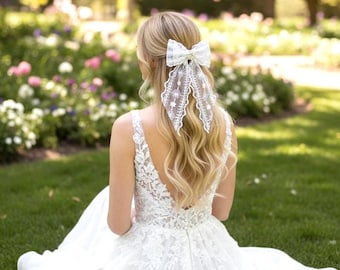 White Lace Hair Bow with Tails | Pearl Rhinestone Hair Bow | Communion Hair Bow | Bridal Hair Accessory | Flower Girl Hair Bow
