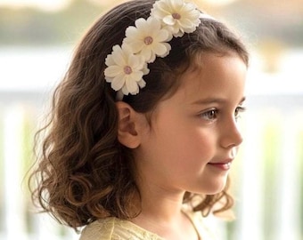 Ivory Blumen-Mädchen-Stirnband | Kommunion Haarband | Satin Blumen Stirnband für Mädchen | Erstkommunion Haarschmuck | Hochzeit Haarreif