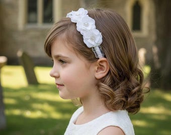 White Flower Girl Headband | Pearl Rhinestone Headband | First Communion Headpiece | Baptism Headband for girls