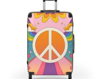 Hippie Peace 70er-Jahre-Zeichen-Aufdruck, Geschenk-Koffer, Reisekoffer, Urlaubsgepäck, Flugkoffer, Strandkoffer, Hippie-Koffer, Einkaufskoffer. 70er-Jahre-Druck.