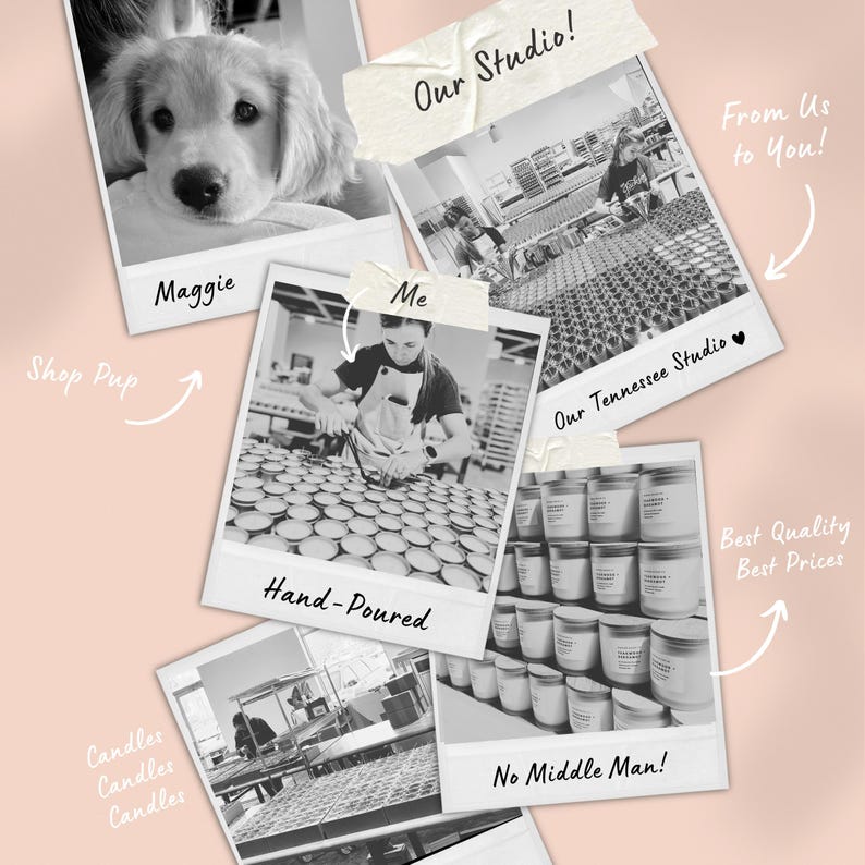 May include: A collection of black and white polaroid-style photos. One features a golden retriever puppy named Maggie. Other photos show candle-making processes, including hand-pouring and studio scenes. Text includes "Our Studio!" and "Hand-Poured."