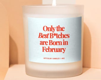 May include: A white frosted glass candle with a blue label that reads "Only the Best B*tches are Born in February" and "Offcolor Candles | 8 oz".