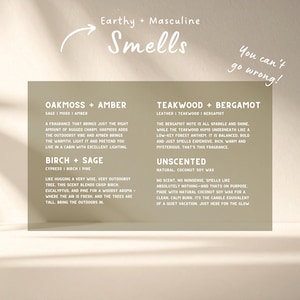 May include: A beige card with text describing candle scents: Oakmoss + Amber, Teakwood + Bergamot, Birch + Sage, and Unscented. The text includes scent descriptions and the phrase "Earthy + Masculine Smells."