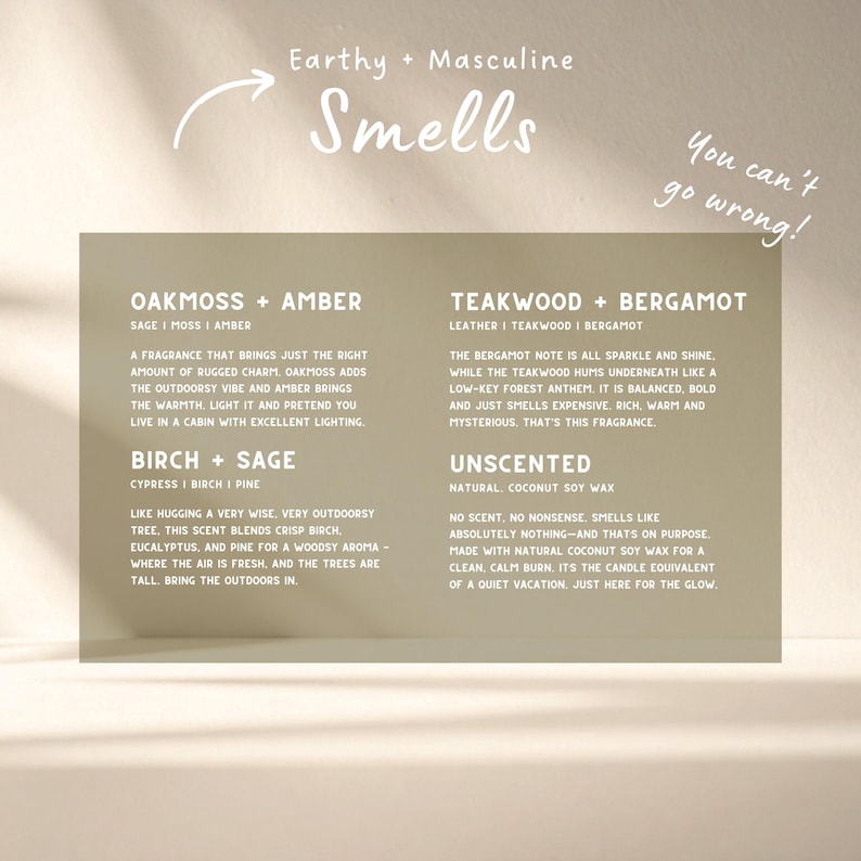 May include: A beige card with text describing candle scents: Oakmoss + Amber, Teakwood + Bergamot, Birch + Sage, and Unscented. The text includes scent descriptions and the phrase "Earthy + Masculine Smells."