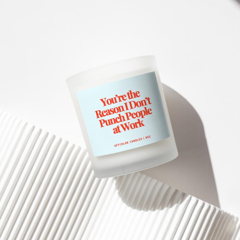 K&ouml;nnte beinhalten: Eine Kerze aus mattiertem Glas mit einem hellblauen Etikett mit dem roten Text "You're the Reason I Don't Punch People at Work". Die Kerze ist 8 oz und steht auf einer wei&szlig;en, strukturierten Oberfl&auml;che.