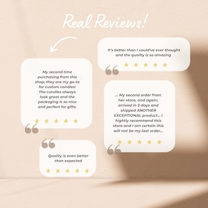 May include: Image featuring customer reviews with text: "Real Reviews!" and testimonials about custom candles. The reviews highlight the quality, packaging, and the shop's products. The image includes star ratings.
