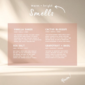 May include: A pink card with text describing four fragrance scents: Vanilla Sands, Sea Salt, Cactus Blossom, and Grapefruit + Basil. The card has the words "Warm + bright Smells" at the top and "Yum!" at the bottom.