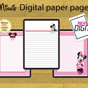 Puede incluir: Tres páginas de papel digital imprimibles con Minnie Mouse. La primera página tiene un patrón de cuadrícula rosa y blanca con una pequeña imagen de Minnie Mouse en la esquina superior. La segunda página tiene un patrón de rayas rosa y blancas con una línea roja en la parte superior y papel rayado debajo. La tercera página tiene un fondo rosa con lunares blancos y una imagen más grande de Minnie Mouse en la esquina inferior derecha.