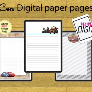 May include: A set of digital paper pages featuring Cars-themed designs. The pages include a dotted layout with a desert road graphic, a lined sheet with a brown tow truck illustration, and a striped page with a circular character graphic.
