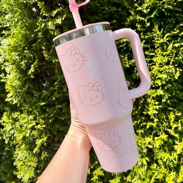 Hello Kitty Inspired Hydroflask Authentic 40oz Cup, Pink Sakura Straw Topper, Trendy, Birthday, Gifts for Her, Gift Wrapped + Card of Choice