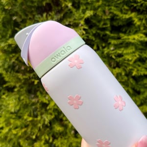 Pode incluir: Uma garrafa de &aacute;gua Owala cinza claro com detalhes de flores rosa. A garrafa tem uma tampa rosa e uma faixa verde com a marca "owala". Projetada para hidrata&ccedil;&atilde;o, inclui uma al&ccedil;a para facilitar o transporte.