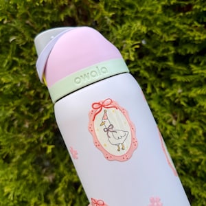May include: White insulated water bottle with a pink and green lid. The bottle features a cartoon goose design in pink oval frames and pink flower accents. The word "owala" is printed on the lid.
