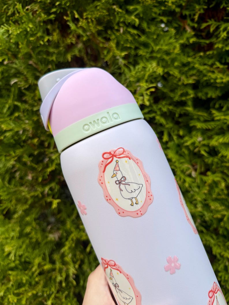 May include: White insulated water bottle with a pink and green lid. The bottle features a cartoon goose design in pink oval frames and pink flower accents. The word "owala" is printed on the lid.