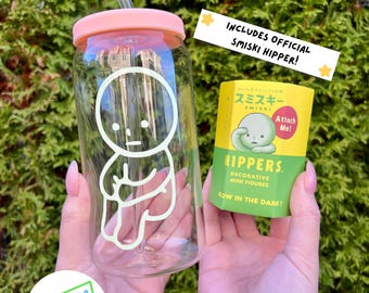 Smiski 16oz Glow in the Dark Glass + Official Smiski Hipper (Laptop, Cell Phone), Christmas Gifts for Him Her, Birthday Present, Anniversary
