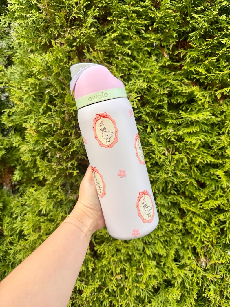 Cute Silly Goose & Flower Owala 32oz Water Bottle, Silly Goose on the Loose, Kawaii, Funny, Duck, Birthday Gift, Insulated Tumbler, Custom image 1