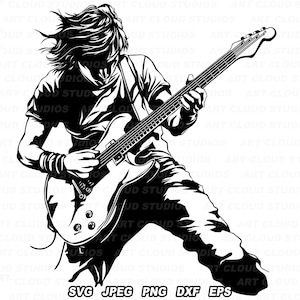 Gitarist SVG, elektrische gitaar png, gesneden bestanden, Rock N Roll silhouet digitale download clipart, laser, onbeperkt commercieel gebruik.