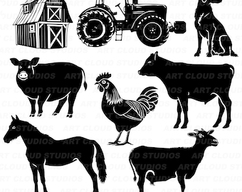 Farm Animals SVG Cut Files, Farm Clipart, Barn SVG, Tractor PNG, Farmyard Bundle, Cow Chicken Horse Pig Goat Digital Download Commercial Use
