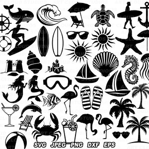 Strand SVG, zomer png, surf gesneden bestanden, vakantie digitale download clipart, jpeg, dxf, eps, oceaankunst, onbeperkt commercieel gebruik.