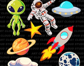 Outer Space SVG Cut Files, Astronaut Clipart, Alien SVG, Spaceship png, UFO Bundle, Planet Digital Download, Rocket Commercial Use