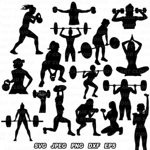Gewichtheben Frau SVG, Fitness Schnittdateien, Mädchen Bodybuilder Silhouette PNG, starke Frau SVG, digitaler Download, kommerzielle Nutzung