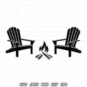 Sedia Adirondack SVG, Silhouette scena falò, Design maglietta Adirondack, File di taglio campeggio, PNG, Sedia da esterno jpeg, Sedia estiva