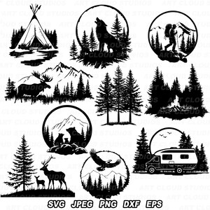 Forest Landscape SVG, Forest Scene Png, Woodland Cut Files, Mountain Silhouette Digital Download Clipart, Laser, Unlimited Commercial Use.
